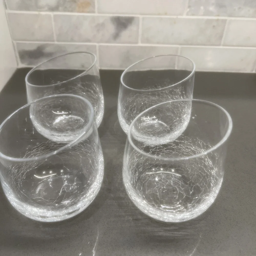 4 Pier 1 Crackle Glass Clear Slant Rim, Stemless Wine Water Glasses 4